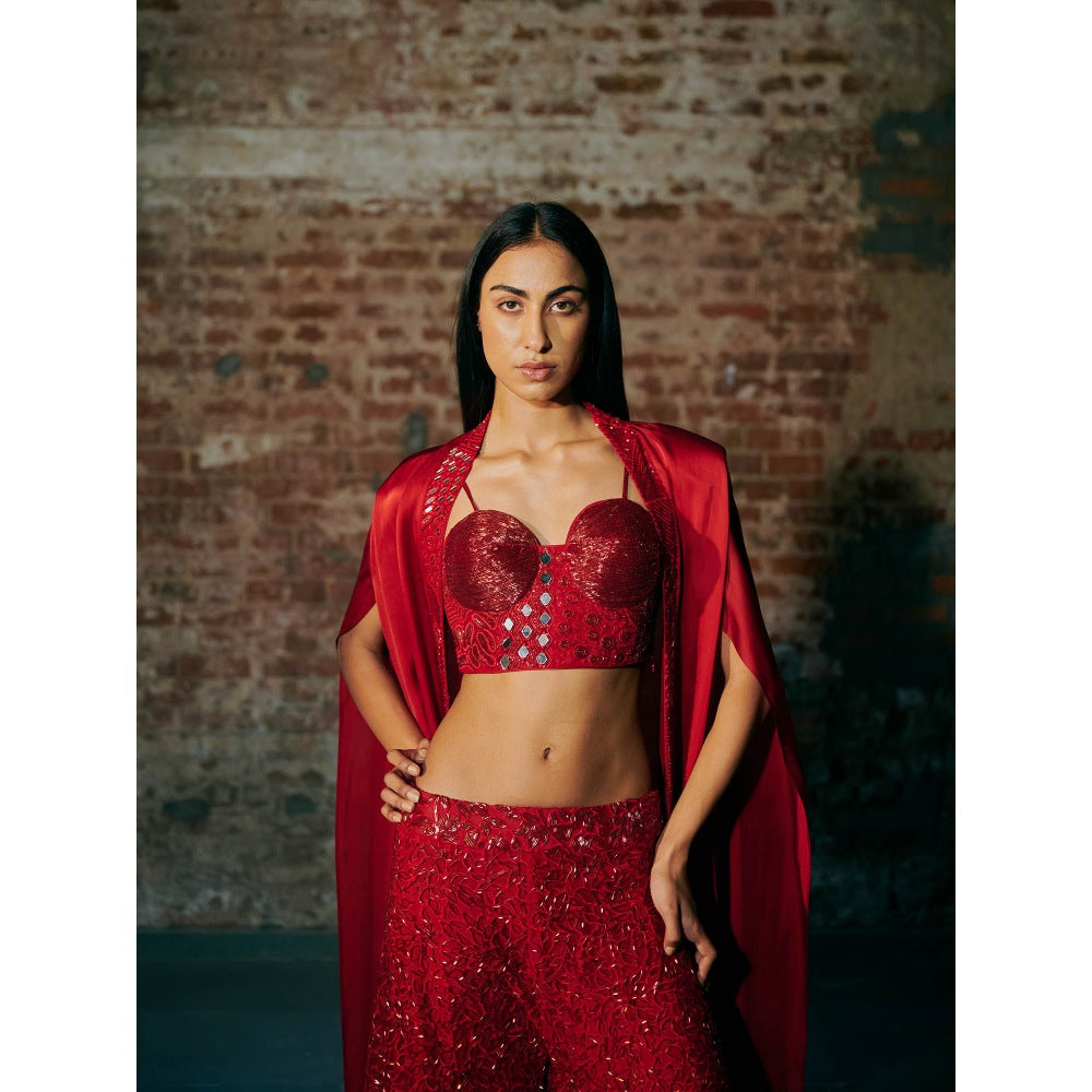 Asaga Red Opus Blouse with Sharara and Cape (Set of 3)