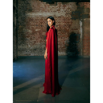 Asaga Red Opus Blouse with Sharara and Cape (Set of 3)