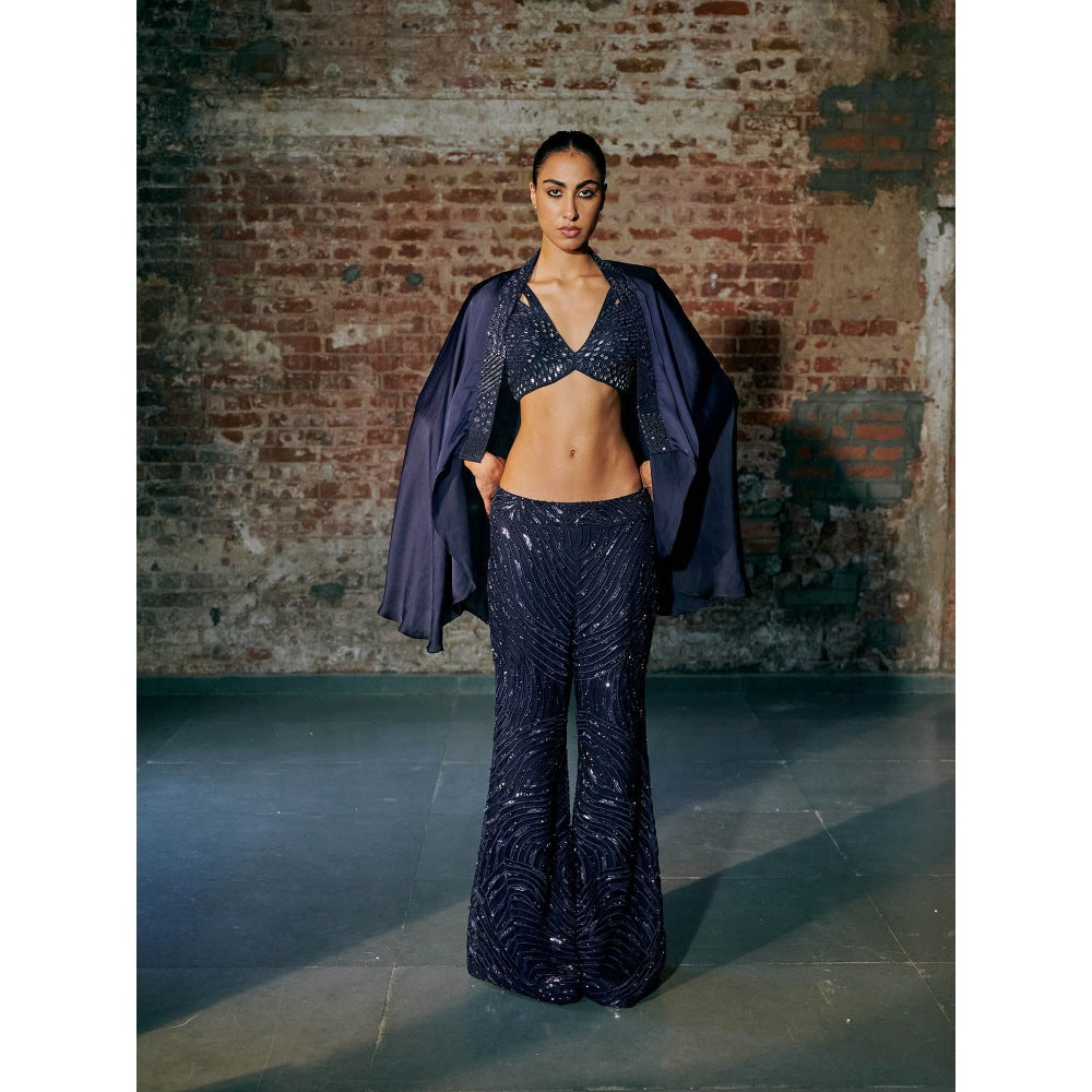 Asaga Navy Blue Sapphire Blouse with Pant and Cape (Set of 3)