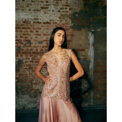 Asaga Rose Gold Mist Satin Organza Flared Sharara with Jacket and Dupatta (Set of 3)