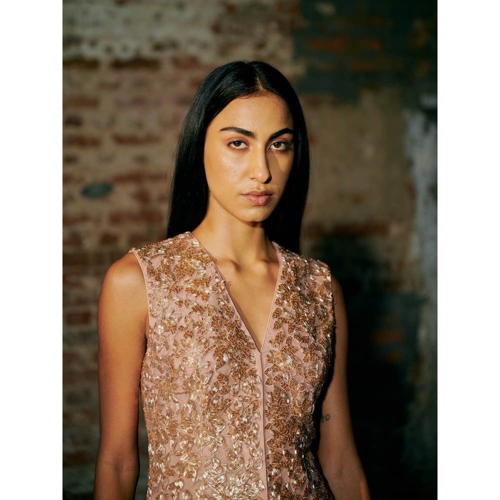 Asaga Rose Gold Mist Satin Organza Flared Sharara with Jacket and Dupatta (Set of 3)