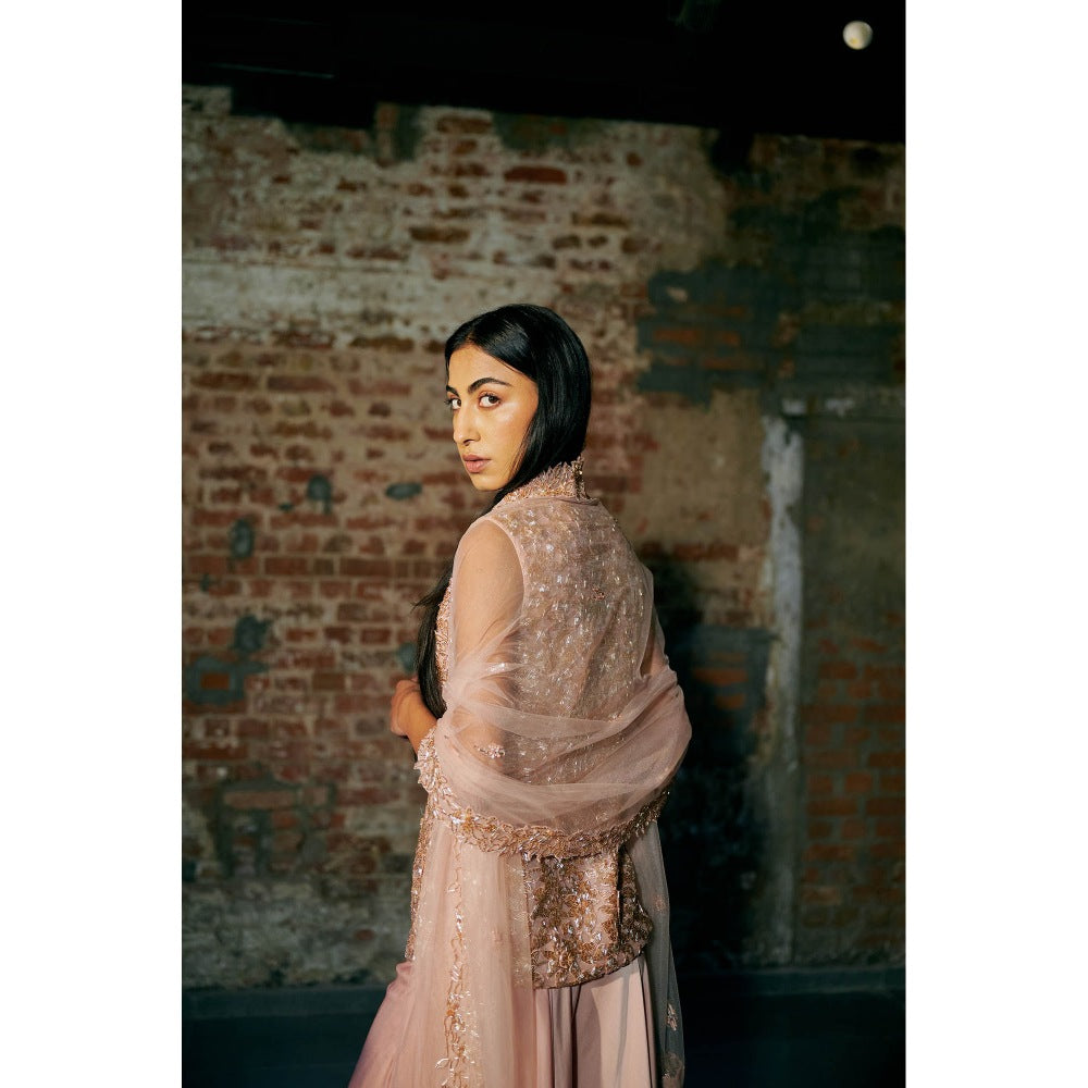 Asaga Rose Gold Mist Satin Organza Flared Sharara with Jacket and Dupatta (Set of 3)