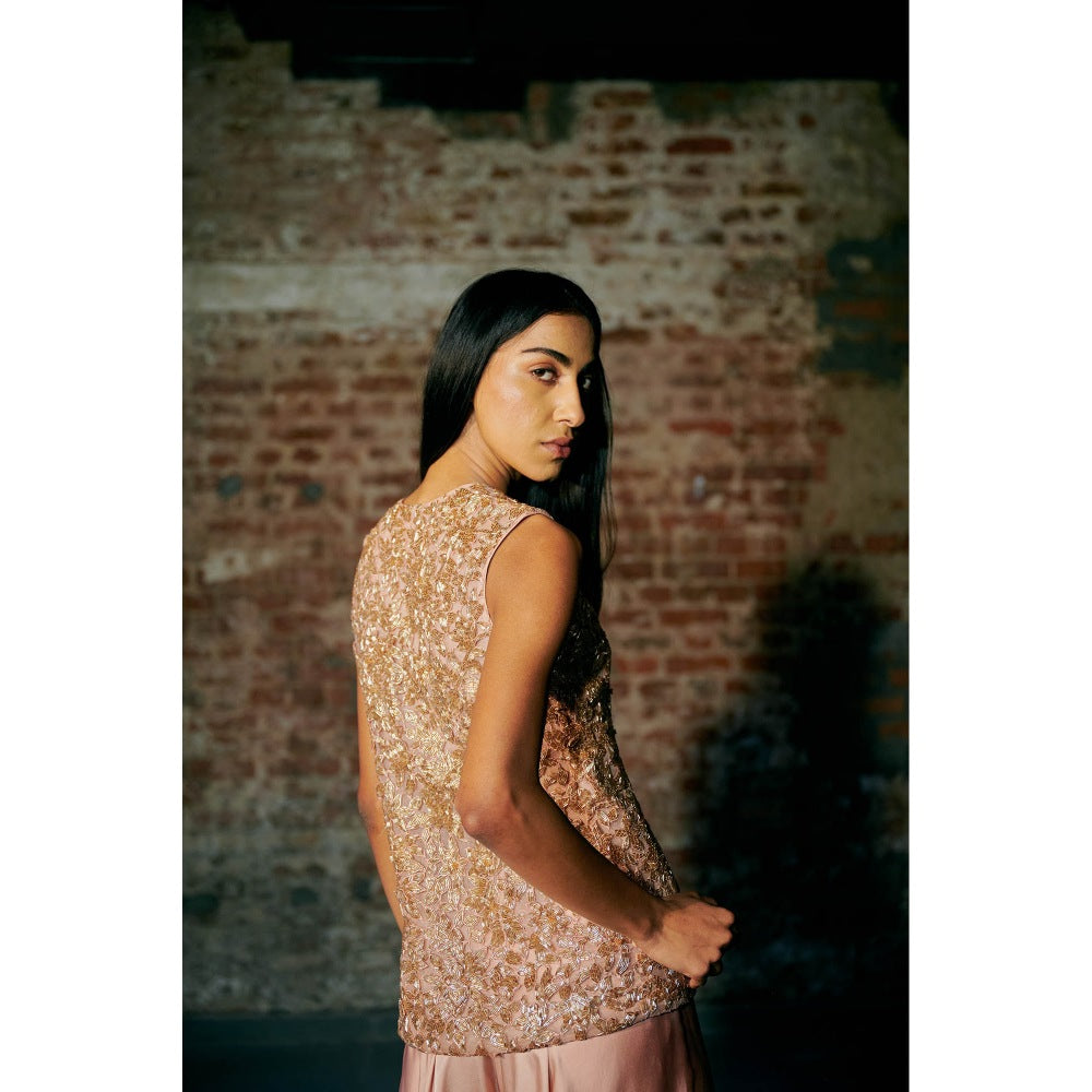 Asaga Rose Gold Mist Satin Organza Flared Sharara with Jacket and Dupatta (Set of 3)