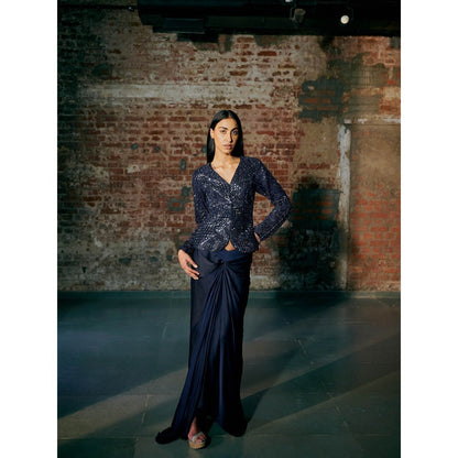 Asaga Navy Blue Jonqal Jacket with Lehenga (Set of 2)