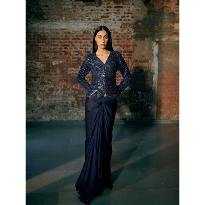 Asaga Navy Blue Jonqal Jacket with Lehenga (Set of 2)