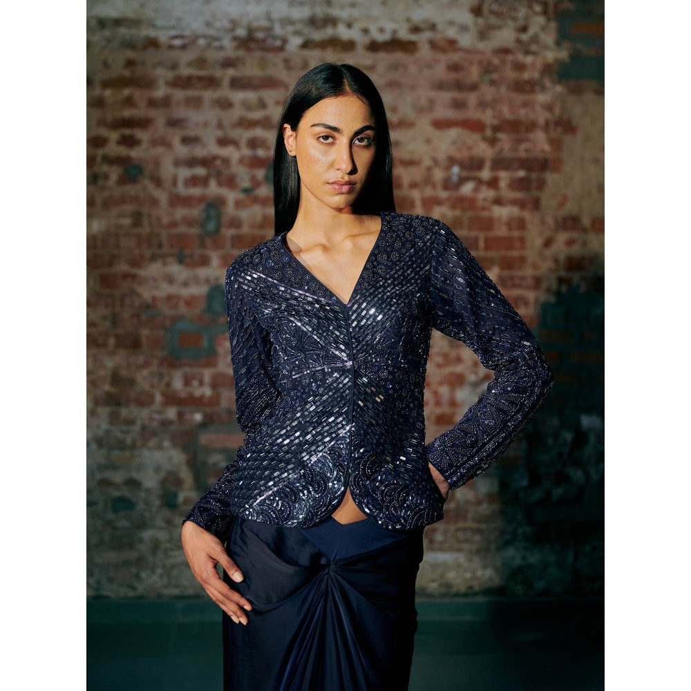 Asaga Navy Blue Jonqal Jacket with Lehenga (Set of 2)