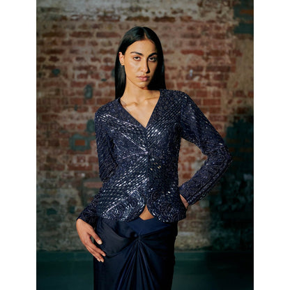 Asaga Navy Blue Jonqal Jacket with Lehenga (Set of 2)