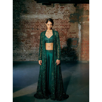 Asaga Green Cyme Blouse with Long Jacket and Palazzo (Set of 3)