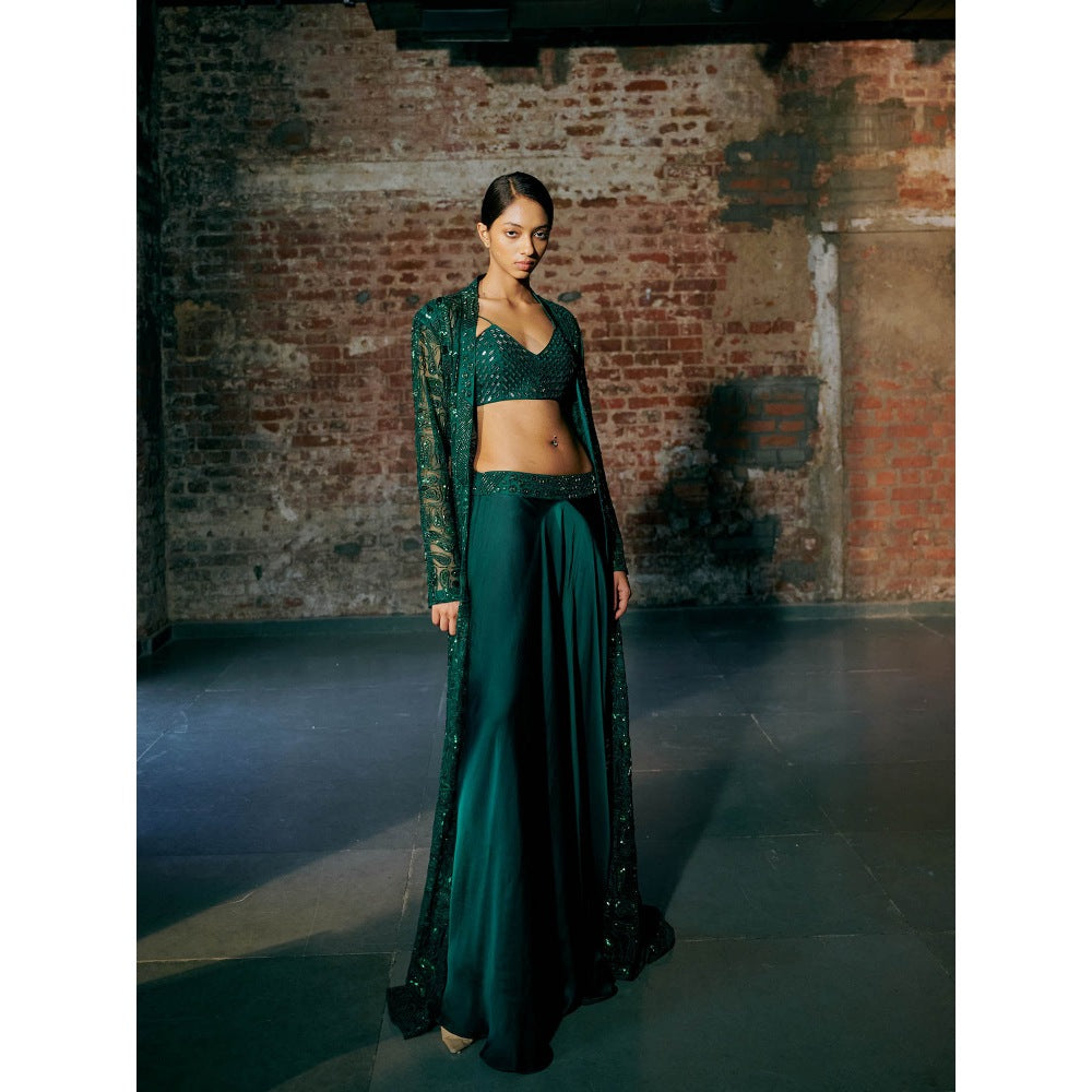 Asaga Green Cyme Blouse with Long Jacket and Palazzo (Set of 3)