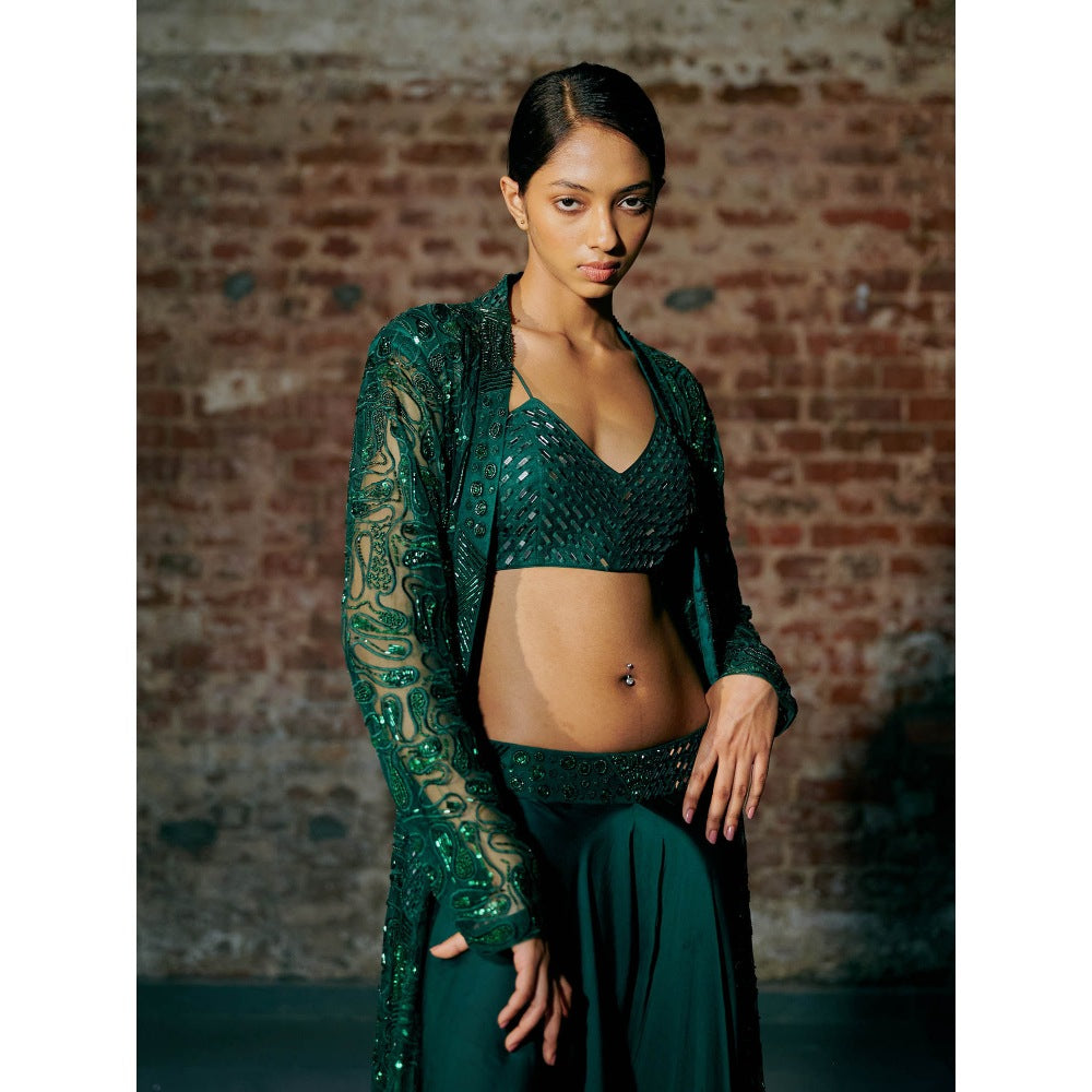 Asaga Green Cyme Blouse with Long Jacket and Palazzo (Set of 3)