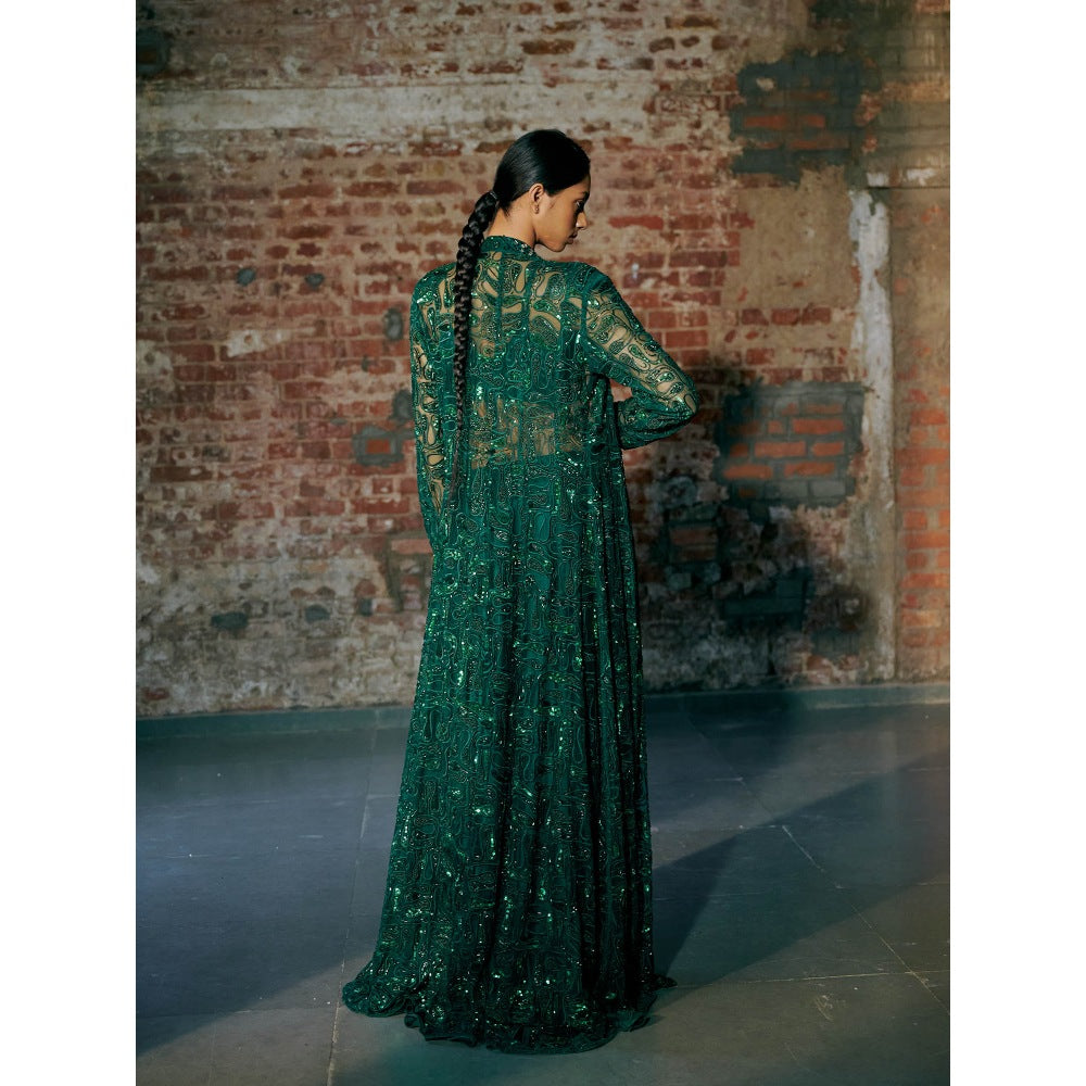 Asaga Green Cyme Blouse with Long Jacket and Palazzo (Set of 3)