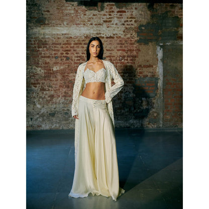 Asaga Ivory Crescent Blouse with Long Jacket and Palazzo (Set of 3)