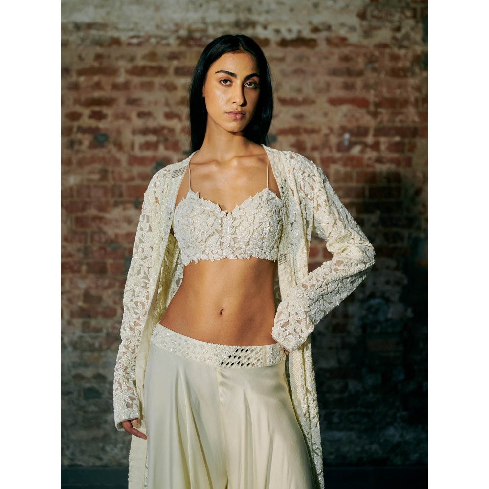 Asaga Ivory Crescent Blouse with Long Jacket and Palazzo (Set of 3)
