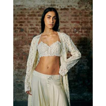 Asaga Ivory Crescent Blouse with Long Jacket and Palazzo (Set of 3)