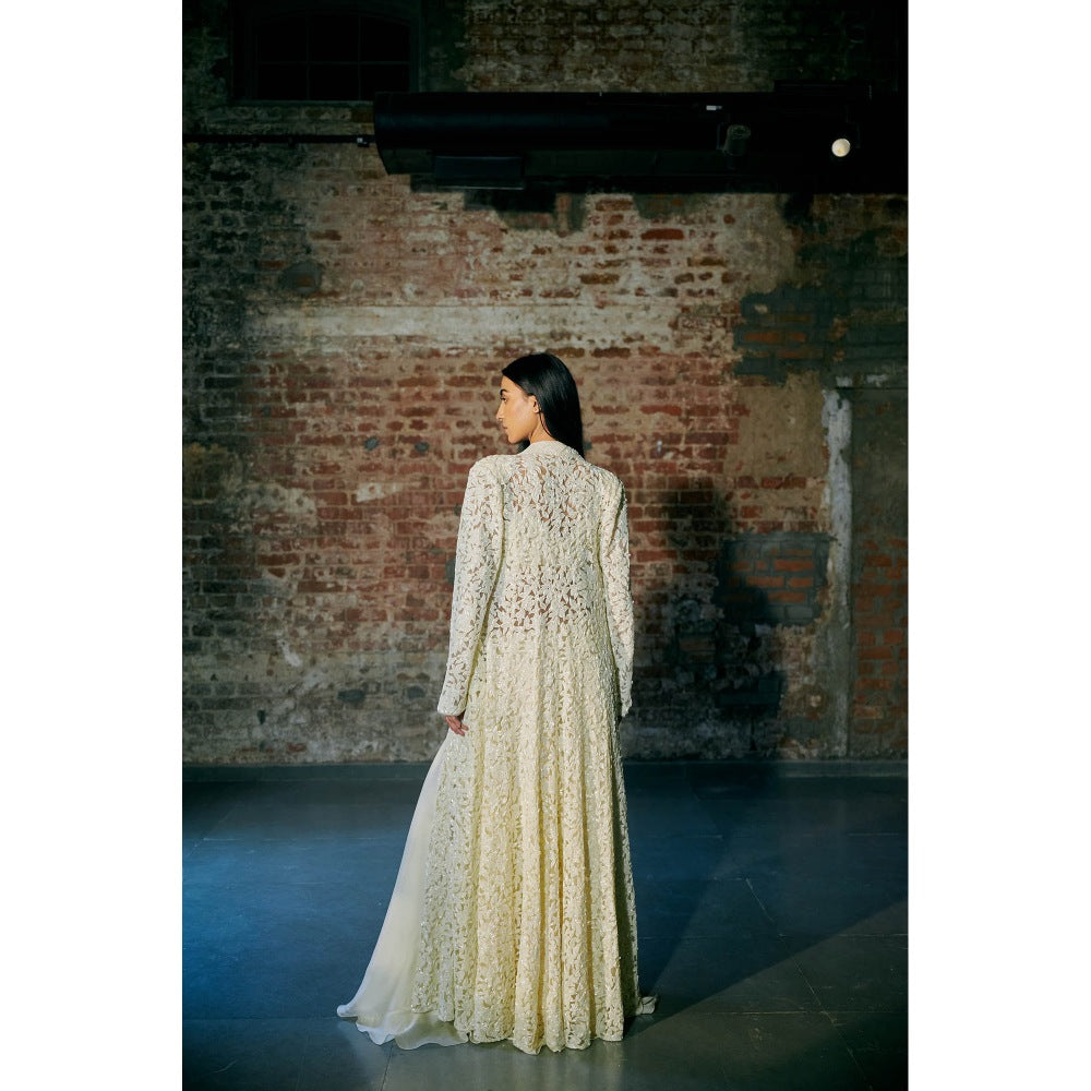 Asaga Ivory Crescent Blouse with Long Jacket and Palazzo (Set of 3)