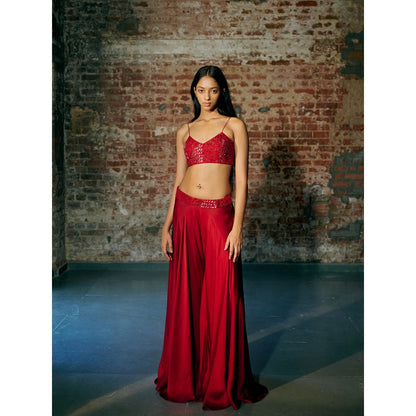 Asaga Red Bucky Blouse with Long Jacket and Palazzo (Set of 3)