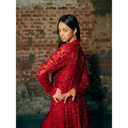 Asaga Red Bucky Blouse with Long Jacket and Palazzo (Set of 3)