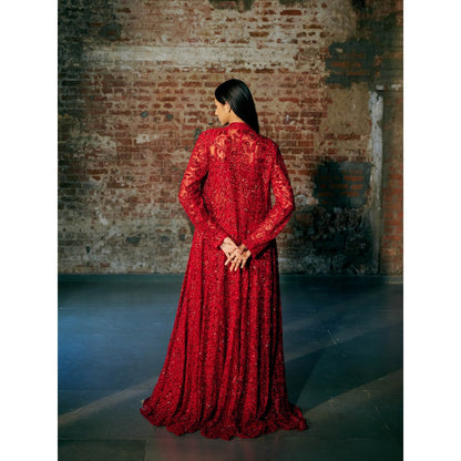 Asaga Red Bucky Blouse with Long Jacket and Palazzo (Set of 3)