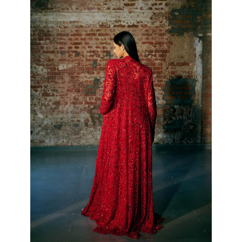 Asaga Red Bucky Blouse with Long Jacket and Palazzo (Set of 3)