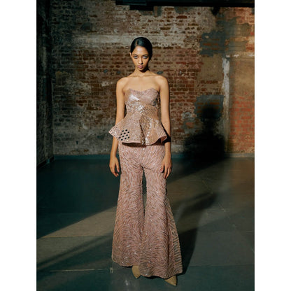 Asaga Rose Gold Paradox Peplum Top with Pant (Set of 2)
