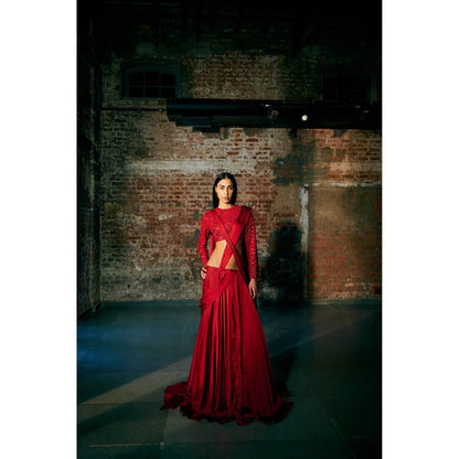 Asaga Drupe Tulle Full Sleeve Blouse with Draped Skirt (Set of 2)