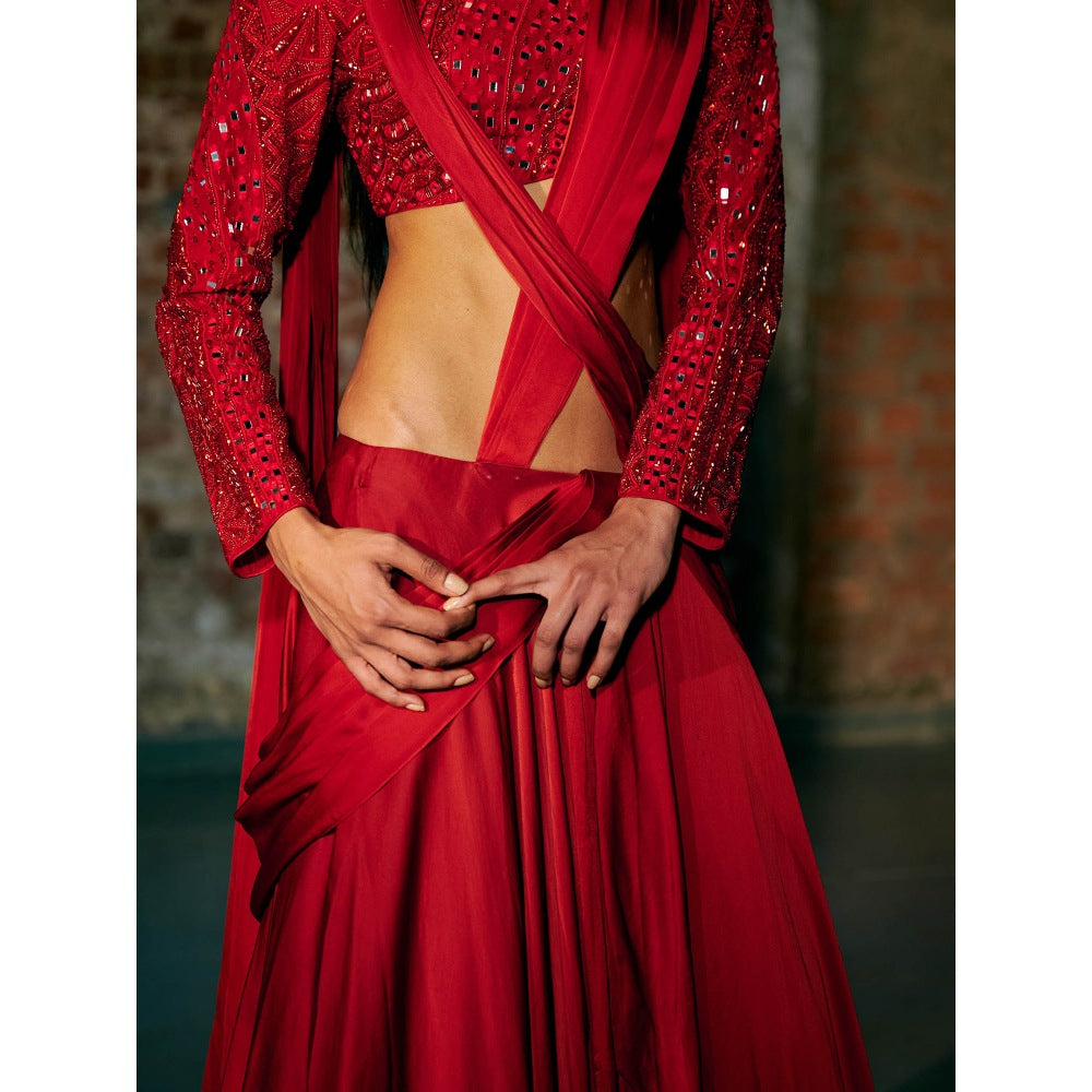 Asaga Drupe Tulle Full Sleeve Blouse with Draped Skirt (Set of 2)