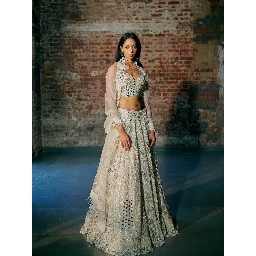 Asaga Ivory Swirl Tulle Blouse with Lehenga and Dupatta (Set of 3)