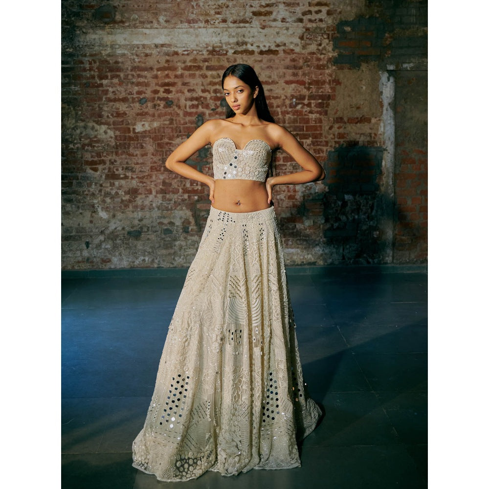 Asaga Ivory Swirl Tulle Blouse with Lehenga and Dupatta (Set of 3)