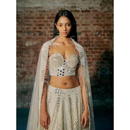 Asaga Ivory Swirl Tulle Blouse with Lehenga and Dupatta (Set of 3)