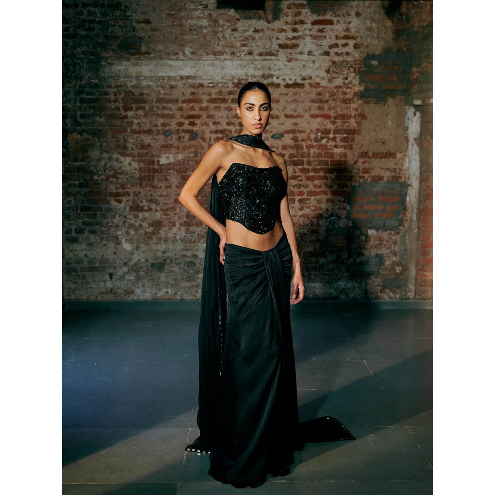 Asaga Black Flutter Tulle Blouse with Lehenga and Dupatta (Set of 3)