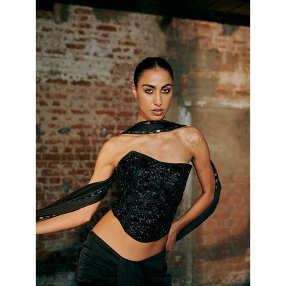 Asaga Black Flutter Tulle Blouse with Lehenga and Dupatta (Set of 3)