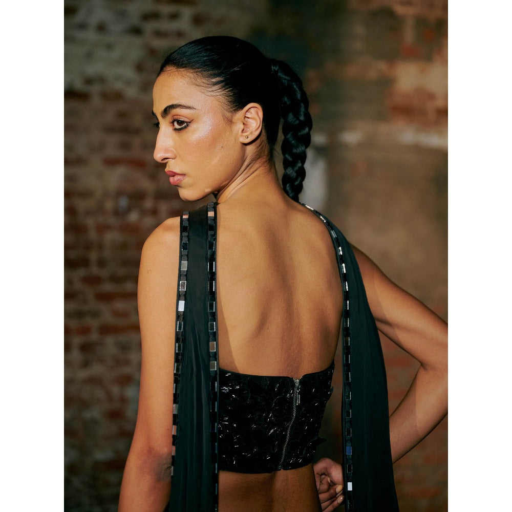 Asaga Black Flutter Tulle Blouse with Lehenga and Dupatta (Set of 3)