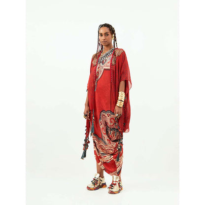 Aseem Kapoor Red Rasa One Shoulder Dress with Jacket (Set of 2)
