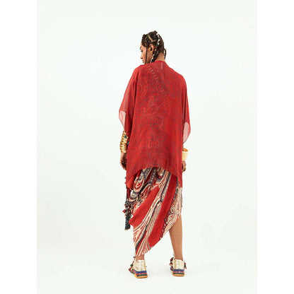 Aseem Kapoor Red Rasa One Shoulder Dress with Jacket (Set of 2)
