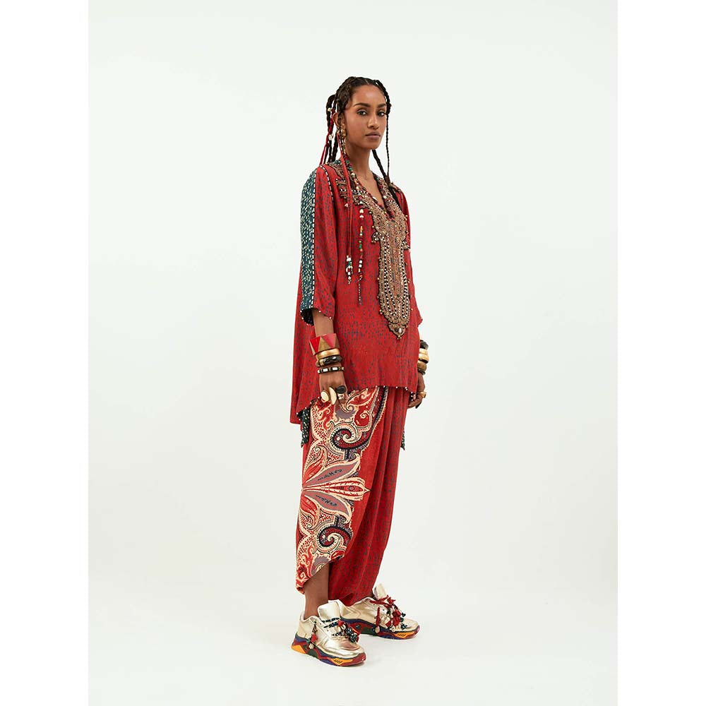 Aseem Kapoor Red Mitra Short Kurta with Dhoti (Set of 2)