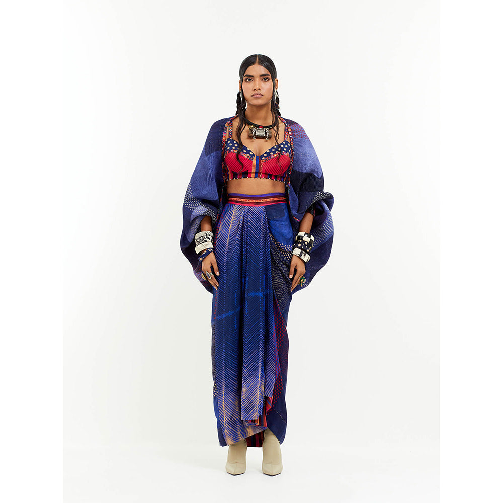 Aseem Kapoor Blue Gami Envelope Jacket With Blouse And Skirt (Set of 3)