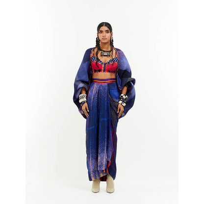 Aseem Kapoor Blue Gami Envelope Jacket With Blouse And Skirt (Set of 3)