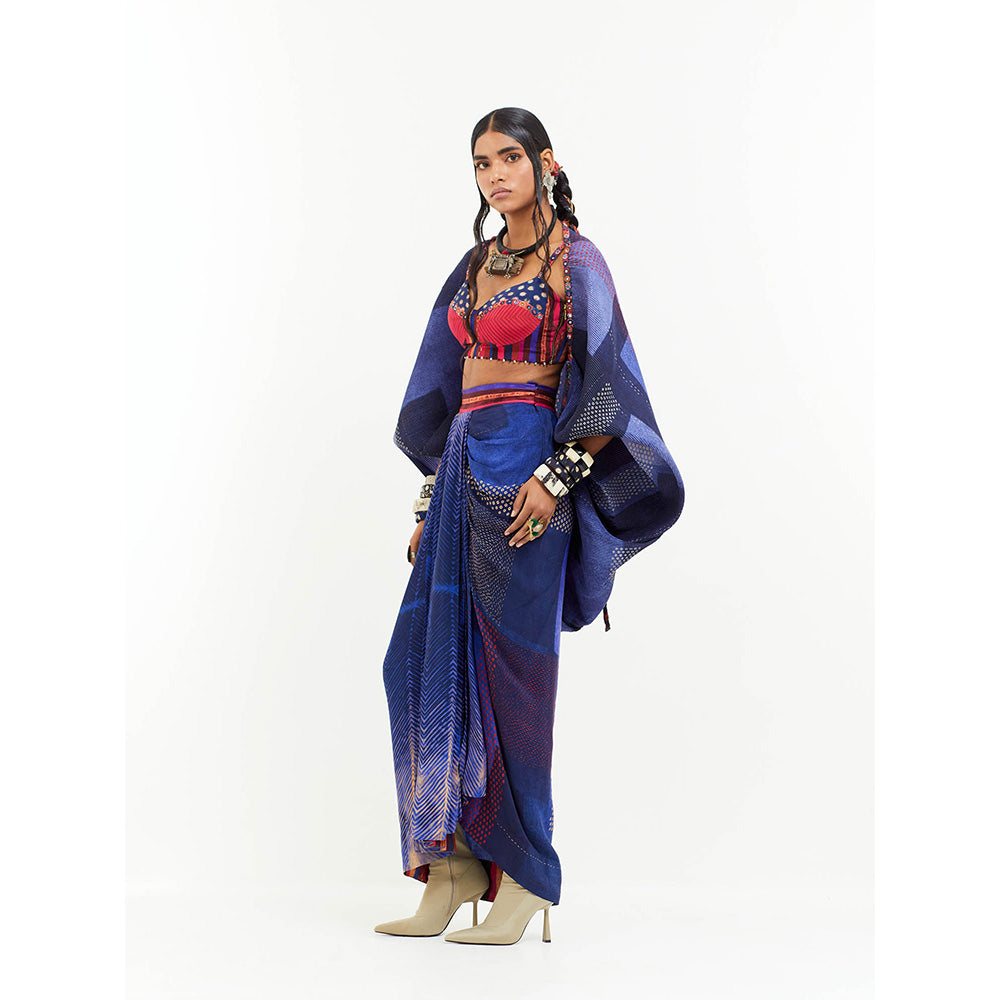 Aseem Kapoor Blue Gami Envelope Jacket With Blouse And Skirt (Set of 3)
