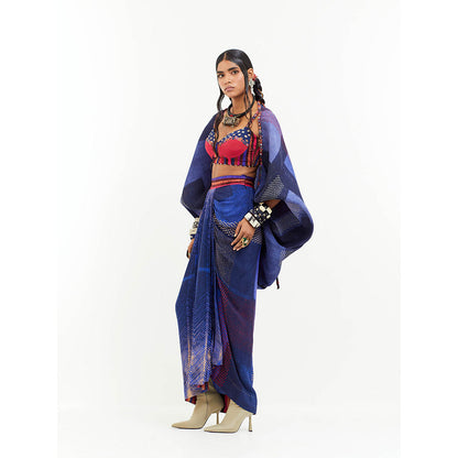Aseem Kapoor Blue Gami Envelope Jacket With Blouse And Skirt (Set of 3)