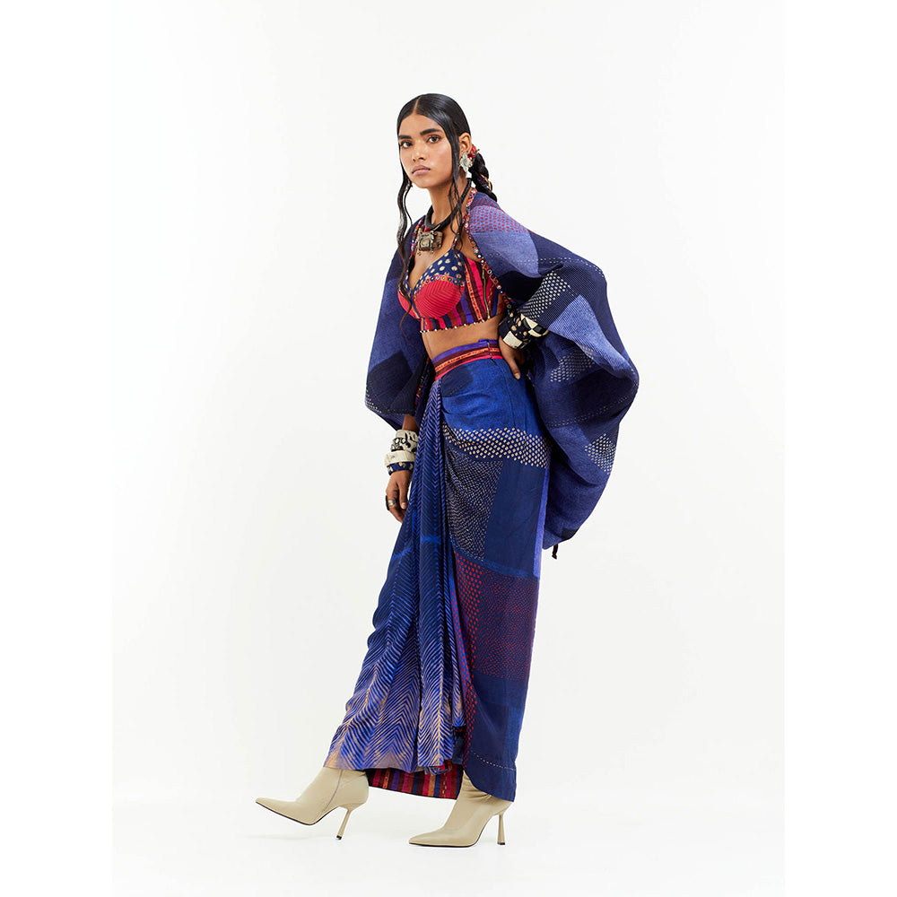 Aseem Kapoor Blue Gami Envelope Jacket With Blouse And Skirt (Set of 3)