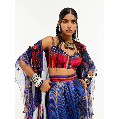 Aseem Kapoor Blue Veni Jacket With Blouse And Skirt (Set of 3)