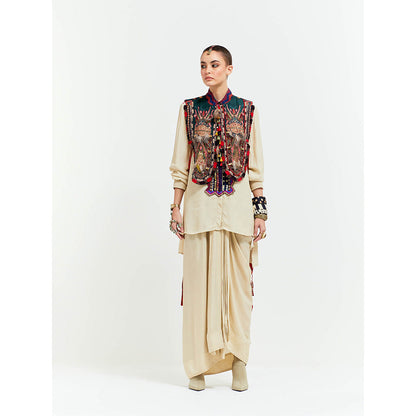 Aseem Kapoor Beige Zuri Gilet With Shirt And Skirt (Set of 3)