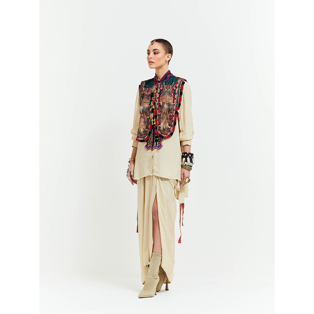 Aseem Kapoor Beige Zuri Gilet With Shirt And Skirt (Set of 3)