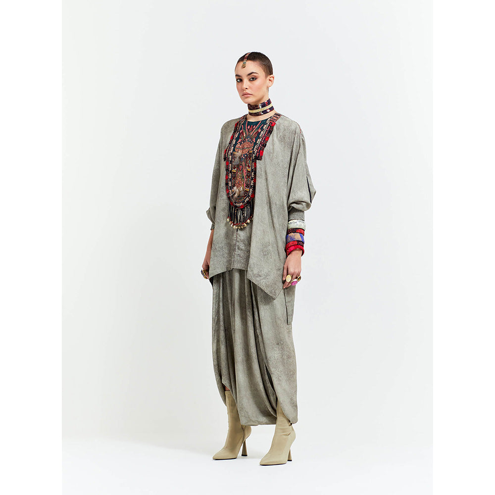 Aseem Kapoor Grey Kuru Trapeze Kurta With Draped Trouser (Set of 2)