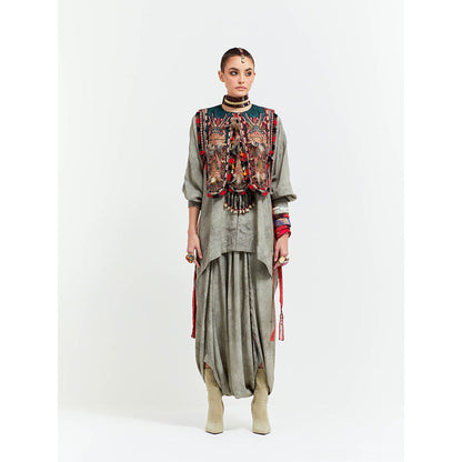 Aseem Kapoor Grey Zuri Gilet With Kurta And Draped Trouser (Set of 3)