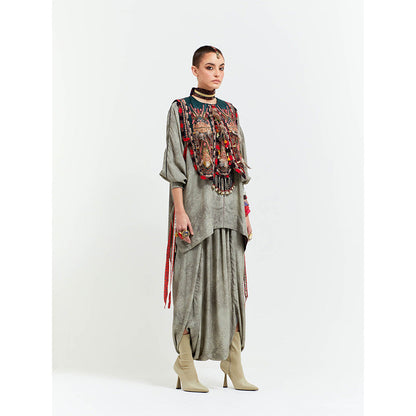 Aseem Kapoor Grey Zuri Gilet With Kurta And Draped Trouser (Set of 3)
