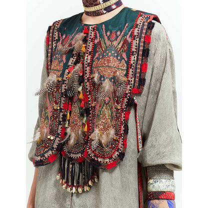 Aseem Kapoor Grey Zuri Gilet With Kurta And Draped Trouser (Set of 3)