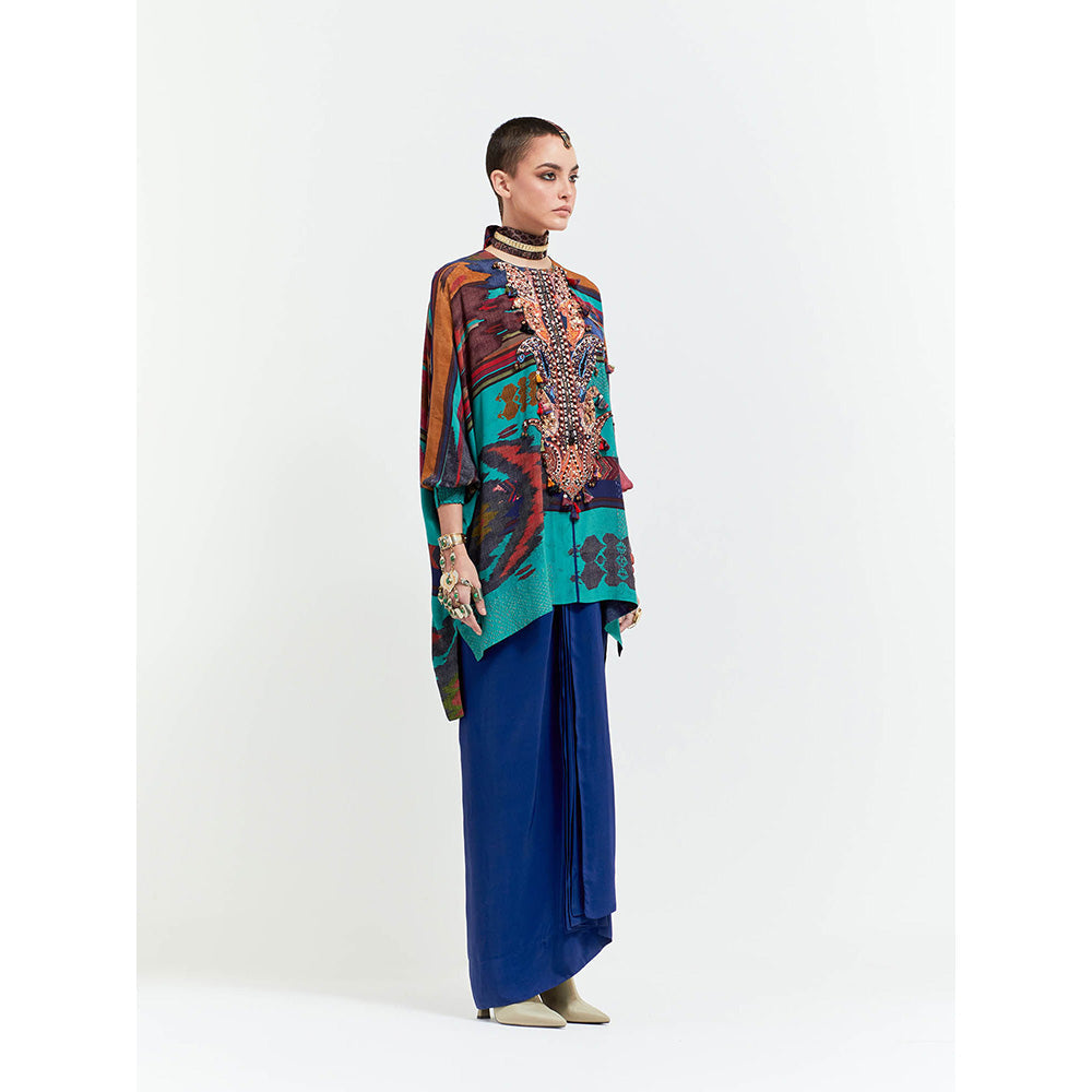 Aseem Kapoor Blue Kuru Trapeze Kurta With Skirt (Set of 2)
