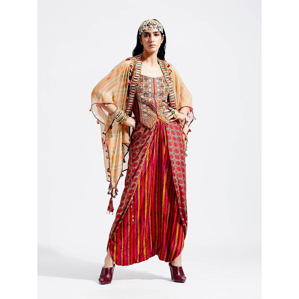 Aseem Kapoor Red Veni Jacket With Blouse And Drape Trouser (Set of 3)