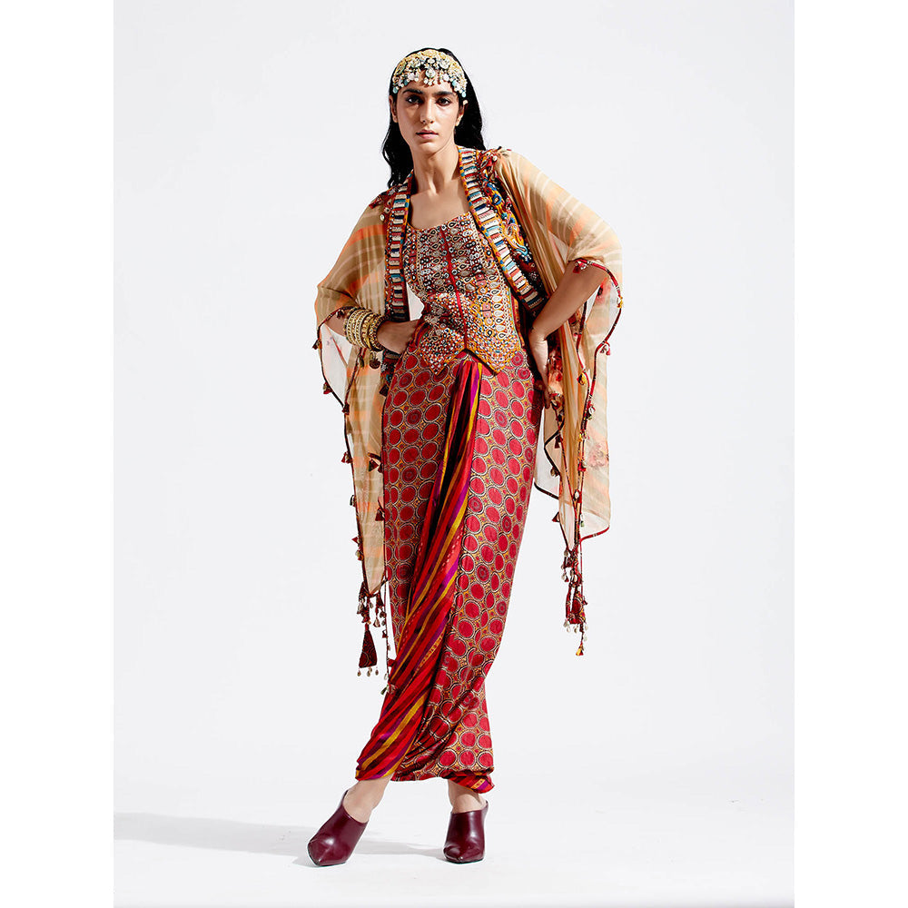 Aseem Kapoor Red Veni Jacket With Blouse And Drape Trouser (Set of 3)